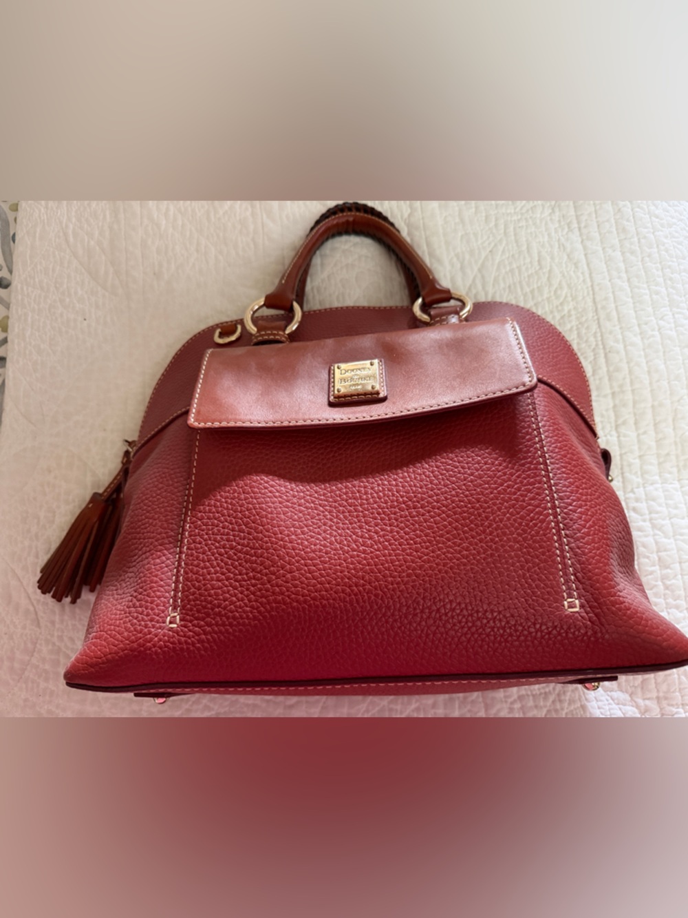 Dooney & Bourke Saddle (Reddish/Brown) Pebbled Leather Satchel with Tassel